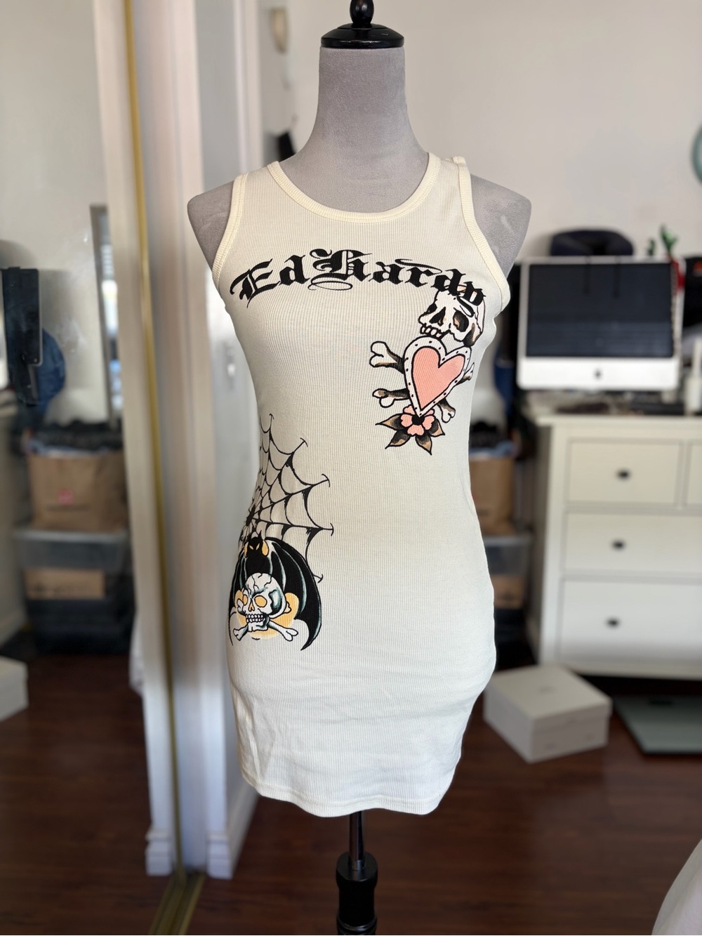 Ed Hardy Cream Ribbed Tank Dress with Graphic Skull & Heart